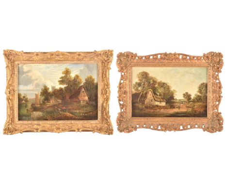 19th Century English School a peaceful scene of a village beside a river, a figure on a bridge in the foreground, a church, b