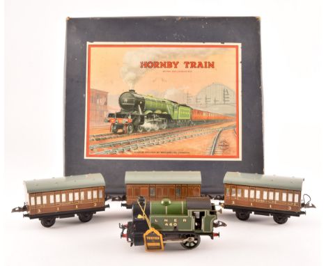 A vintage boxed Hornby Train clockwork O gauge No 101 Tank Passenger Set made by Meccano Ltd Liverpool, with LNER 460 locomot
