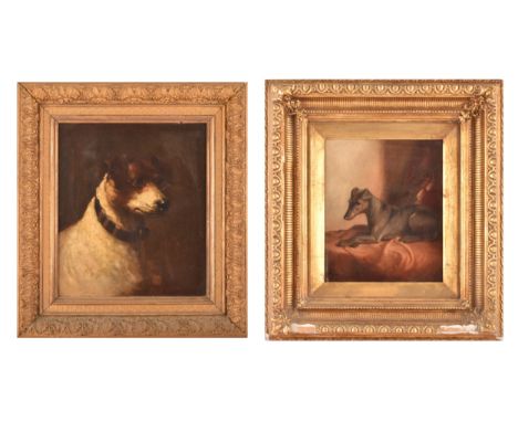 A group of two dog paintings including a portrait of a Jack Russell, oil on canvas, 34 x 29 cm; and a portrait of a seated do