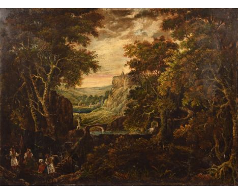 18th / 19th century Continental School an extensive wooded and mountainous landscape scene with figures exploring caves and t