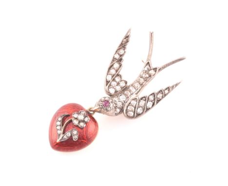 A late Victorian diamond swallow brooch, the bird inset with old-cut diamonds, with a small ruby eye, the beak suspended with