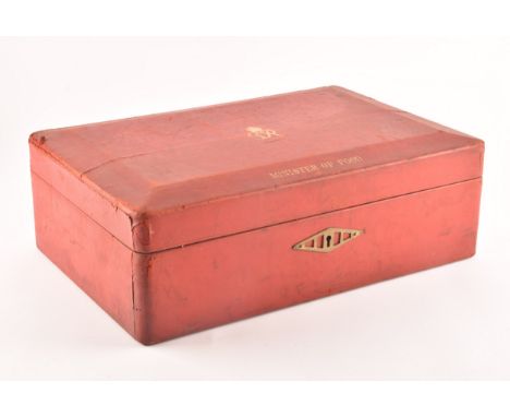 A George VI red leather ministerial despatch box&nbsp;the lid embossed in gilt letters 'MINISTER OF FOOD', beneath an GRVI ro