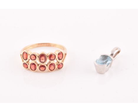 A 9ct yellow gold and orange sapphire ring, collet-set with ten mixed round-cut sapphires, size N 1/2, together with an 18ct 