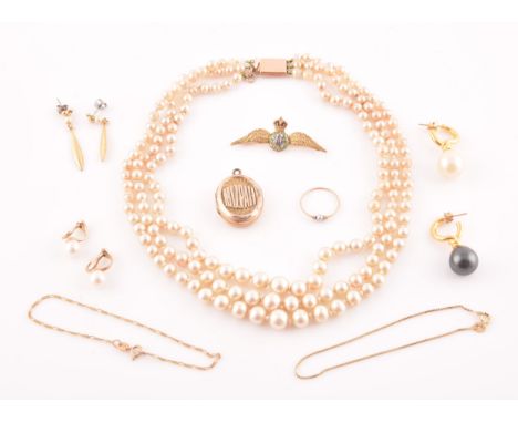 A faux pearl necklace with 9ct yellow gold clasp, together with a pair of yellow metal and pearl clip earrings, a pair of yel