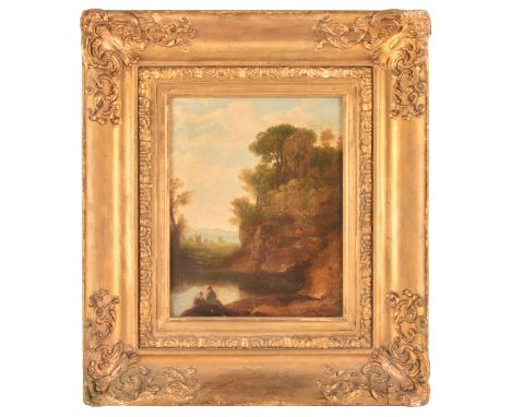19th century English School a landscape scene with figures seated before a rocky ravine. Oil on panel, unsigned, in a gilt fr