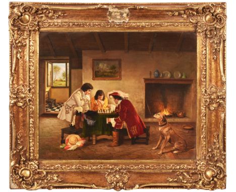 J Berry (20th century) An interior scene with three musketeers playing chess, a dog looking on, oil on canvas, signed lower l