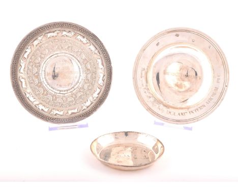 Political Interest. Three presentation silver dishes,&nbsp;Comprising an Indian white metal dish engraved 'Presented by the H
