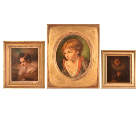 A group of three small portraits comprising a late 19th century portrait of a young child in a landscape, oil on panel in a g