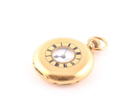 Military interest. An early 20th century 18ct yellow gold gentleman's half hunter pocket watch, with blue enamel Roman numera