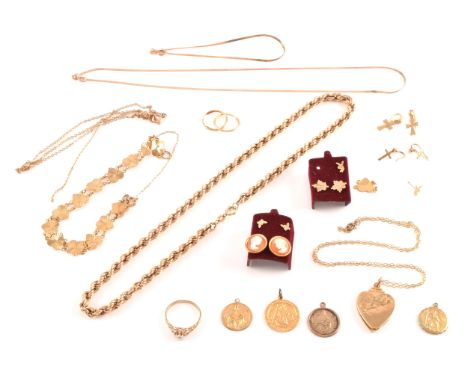A collection of jewellery including a 9ct yellow gold rope-twist necklace, together with a 9ct yellow gold heart-shaped photo