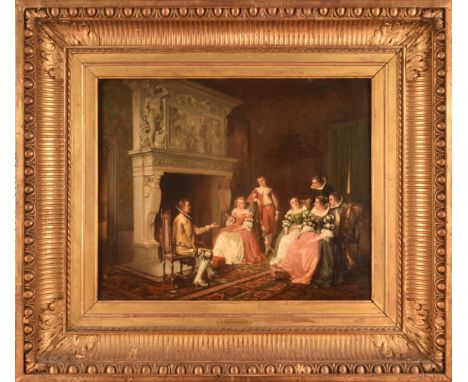 Jean Louis Ernest Meissonier (French, 1815-1891) a conversersation piece with figures seated beside a large fire place in an 