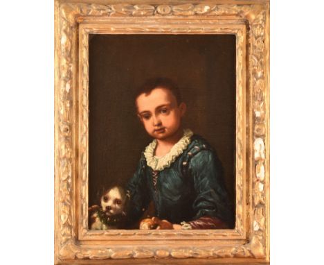 18th century English School a portrait of a young child seated with a dog, unsigned, oil on canvas in a gilt gesso frame, wax