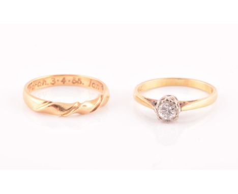 An 18ct yellow gold solitaire diamond ring, set with a round brilliant-cut diamond of approximately 0.33 carats, size L, toge