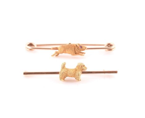 A 15ct yellow gold bar brooch, mounted with a small terrier with textured fur, brooch 5.1 cm long, together with a yellow met