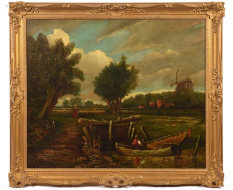 19th century English School a peaceful landscape scene with figures in a boat in the foreground and figures and a windmill in
