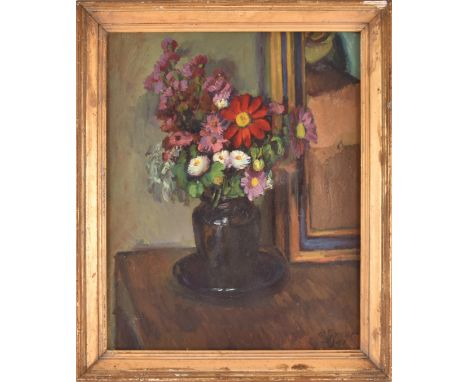 Duncan Grant (Scottish, 1885-1978) 'Autumn Bunch' a still life of flowers in a vase, another painting in the background, oil 