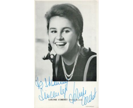 Music Louise Cordet Signed 6x4 black and white photo on Official Decca Records card. Signed in blue biro. Louise Cordet (born