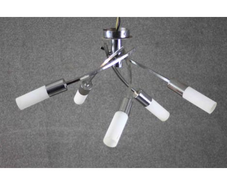 A contemporary chrome and frosted glass twist design five branch ceiling chandelier. The lamp shades in the form of frosted g