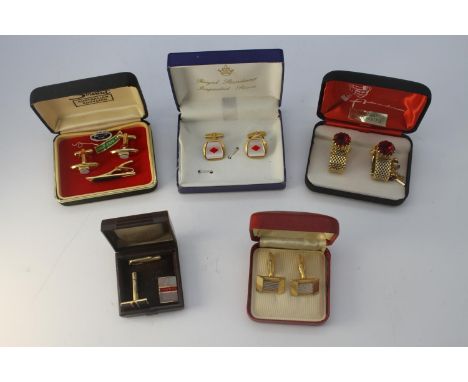 A collection of vintage cuff links. Including a pair of 22 carat gold plated opal doublet cufflinks in box, a pair of mother 