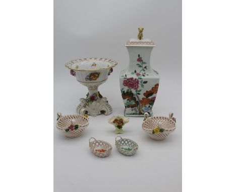 A collection of hand painted fine porcelain. Including Vista Alegre Chinese Chrysanthemum design lidded vase with gilded foo 