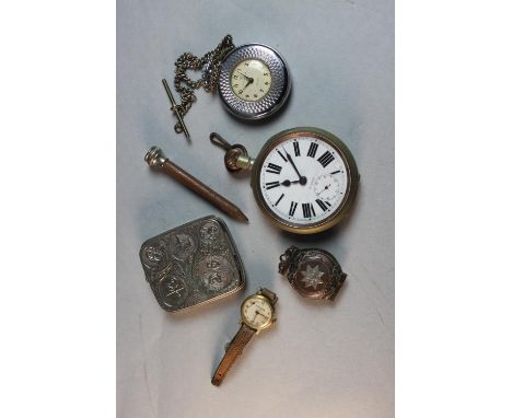 A collection of three watches and other items. Including an Indian betel box with engraved design, a Goliath 19th century poc