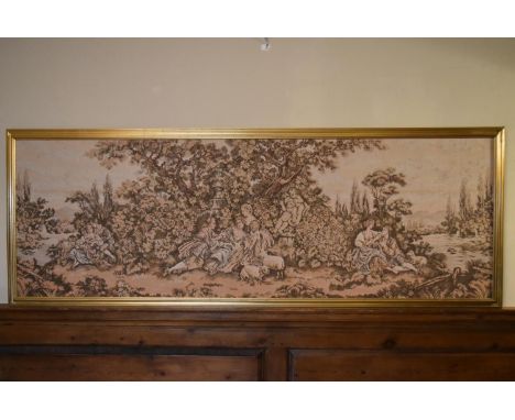 A large gilt framed Aubusson style wall hanging of a garden courting scene. H.75 W.204cm 