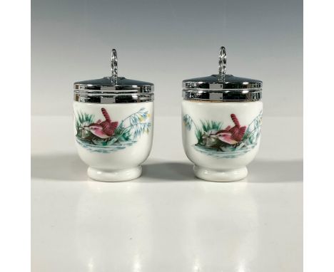 Each has a screw on metal cap and designed with a print of two birds. They have glossy finishes. Royal Worcester backstamps o