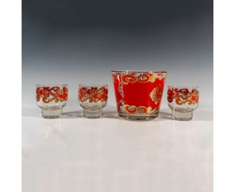 A vintage set of three footed lowballs glassware with a matching glass handless bucket. Each decorated in golden scrolls on r