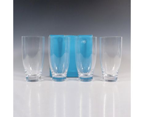 A set of 4 clear, contemporary design glassware with a thick, tapered base, and thin-rimmed body. Nambe etched markings. This