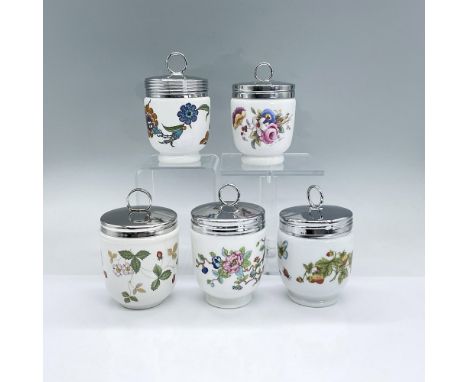 Five white porcelain egg coddlers with silvertone screw top lids decorated with flowers, fruit and butterflies. Royal Worcest