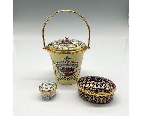 Lot includes - yellow potpourri enameled container with gilt handle decorated with fruit bowl and vine decoration; 50 marked 