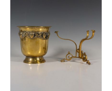 This lot includes a medium size decorative brass bowl with marine designs of shells in relief and one gilded candlestick hold
