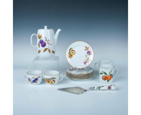 Evesham patterned coffee pot with 6 dessert plates, two coffee cups, two tea cups, and pie server. Gold trim on white porcela