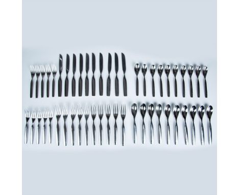 Service for 10. Brilliant, sleek modernist design. Set includes 10 Knives 9", 10 Forks 8", 10 Salad Forks 7", 10 Soup Spoons 