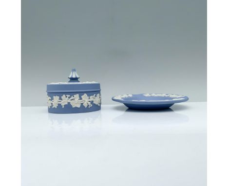 An exquisite sky-blue jewelry box adorned with delicate white grapevines, perfectly paired with a matching ashtray featuring 
