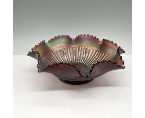 Ruffled, pinched edge compote bowl has iridescent rainbow interior glass with smooth amethyst exterior. N raised mark. Issued