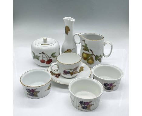 All with gold rim and accents decorated with images of fruit. Three small ramekins measure 1.75"H x 3.25"dia. Sugar bowl meas