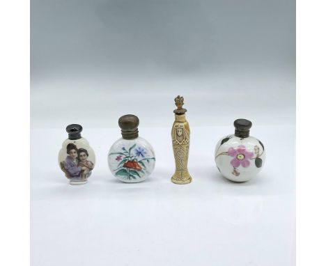 Four vintage bottles, three porcelain, one earthenware. Two have screw tops, one a flip-top lid and the other cork pull out. 