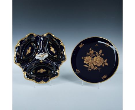 Lot includes large decorative plate with gilt design of roses 11" - Lindner backstamp and handled cobalt gold sectioned servi