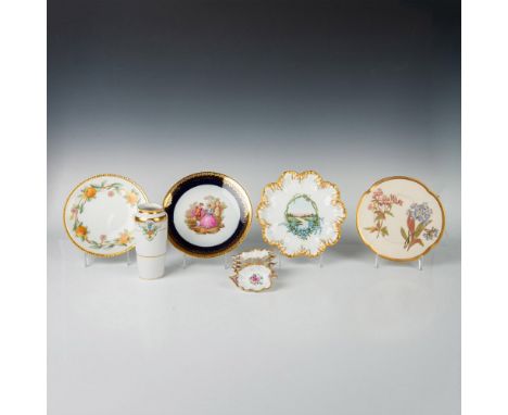 A set of 10 porcelain items, including 5 leaf-shaped ring dishes with gold-colored trims and delicate floral paintings, 4 pla