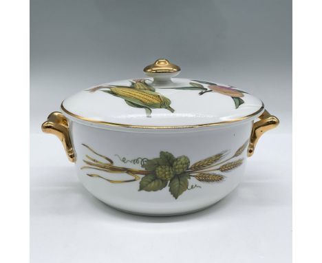 White porcelain decorated with asparagus and wheat on dish. Separate lid. Gilded accents. Oven to table and dishwasher safe. 