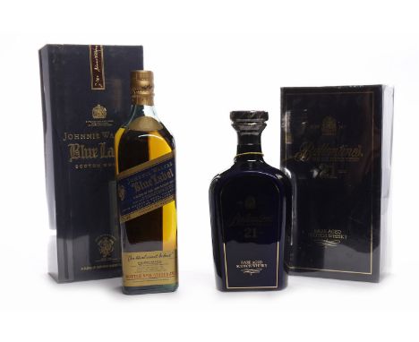 BALLANTINE'S AGED 21 YEARSBlended Scotch Whisky. 50cl, 43% volume, in blue ceramic decanter in box. JOHNNIE WALKER BLUE LABEL