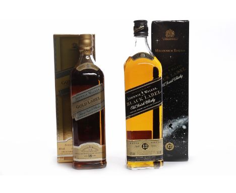 JOHNNIE WALKER GOLD LABEL AGED 18 YEARSBlended Scotch Whisky. 75cl, 43% volume, in carton. JOHNNIE WALKER BLACK AGED 12 YEARS
