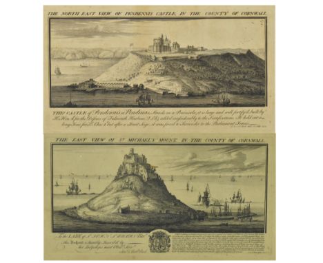Topographical views - Sam &amp; Nath Buck - Two early 18th century circa 1734 etching on paper views of Cornwall. The lot to 