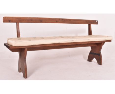 A Victorian late 19th century pine church ecclesiastic / hall pew bench. The bench having a straight back rest over a rectang
