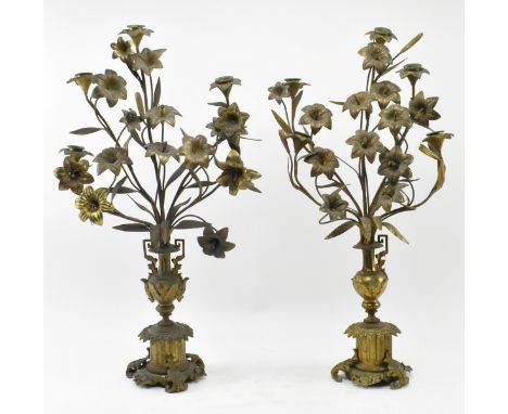 A pair of French Louis XV style 19th century gilt metal &amp; bronze tole desk table floral candelabras / candle holders. Eac