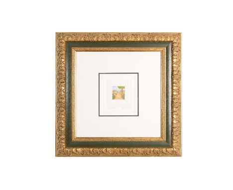 Etching with embossed edges of flowers and leaves. Artist signed in pencil lower right. Housed in gold frame with green trim 