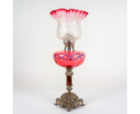 Elegant glass lampshade with crimped edge. Cranberry coloration gradates to frosted and clear body, which has impressed palm 