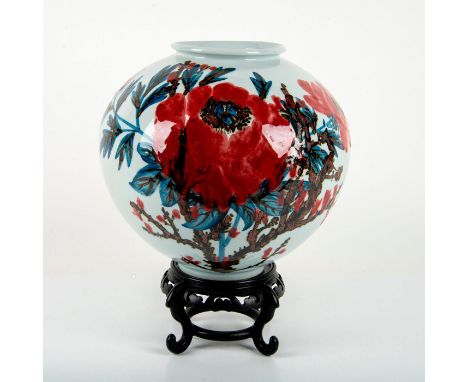 Beautifully stylized large vessel, decorated with blossoms flowers and their own foliage in a bulbous shape. Signed to bottom