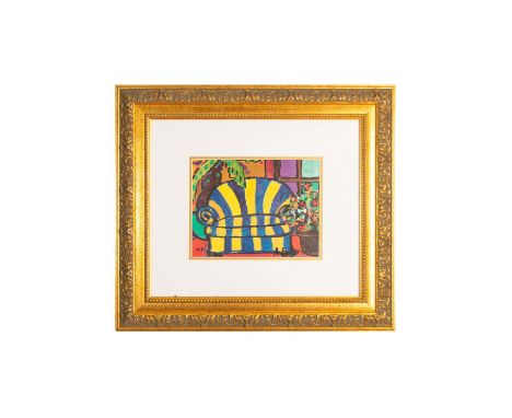 Artist Proof signed lithograph. Artist signature in bottom right. Housed in ornate gold frame with cream colored matte. Sight